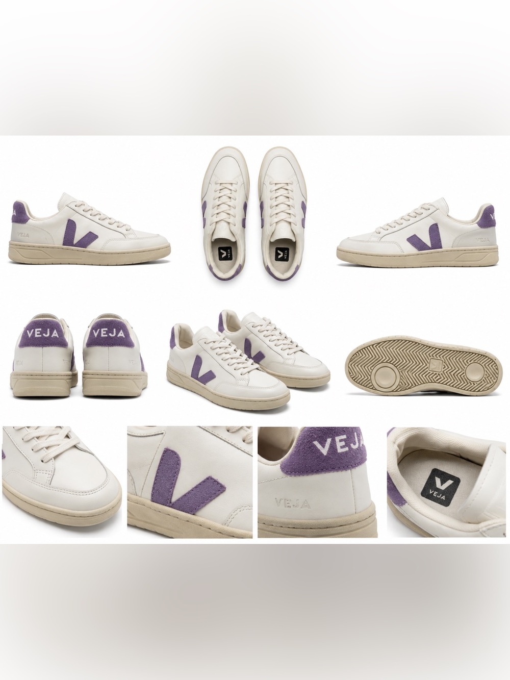 Veja V-10 Sneakers in Cream with Purple Accents